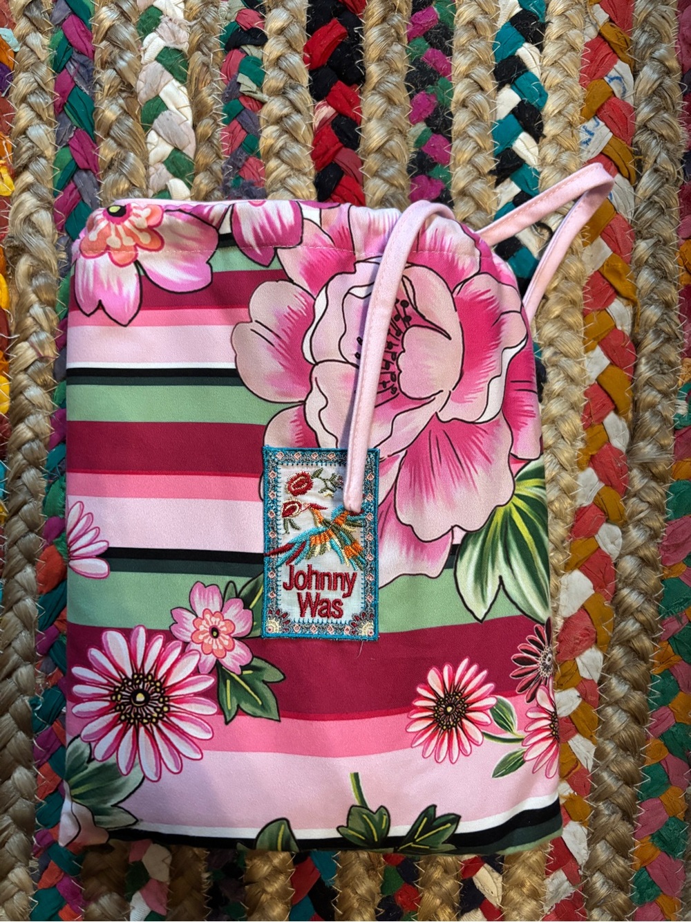 Johnny Was Striped Pink Floral Beach Towel with Pouch